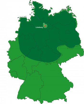 Karte von Nord- und Ostdeutschland, mit den Rohholz-Einkaufsgebieten von Bockelmann-Holz